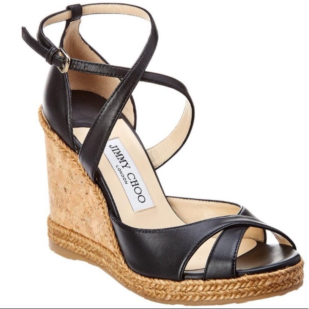 NEW Jimmy Choo Alanah Black Leather Espadrille Wedge Sandals